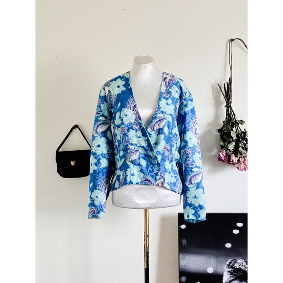 Jackets & Blazers - Vintage 80s 90s Teal Paisley Pastel Blue Lapelless Blazer Sz L